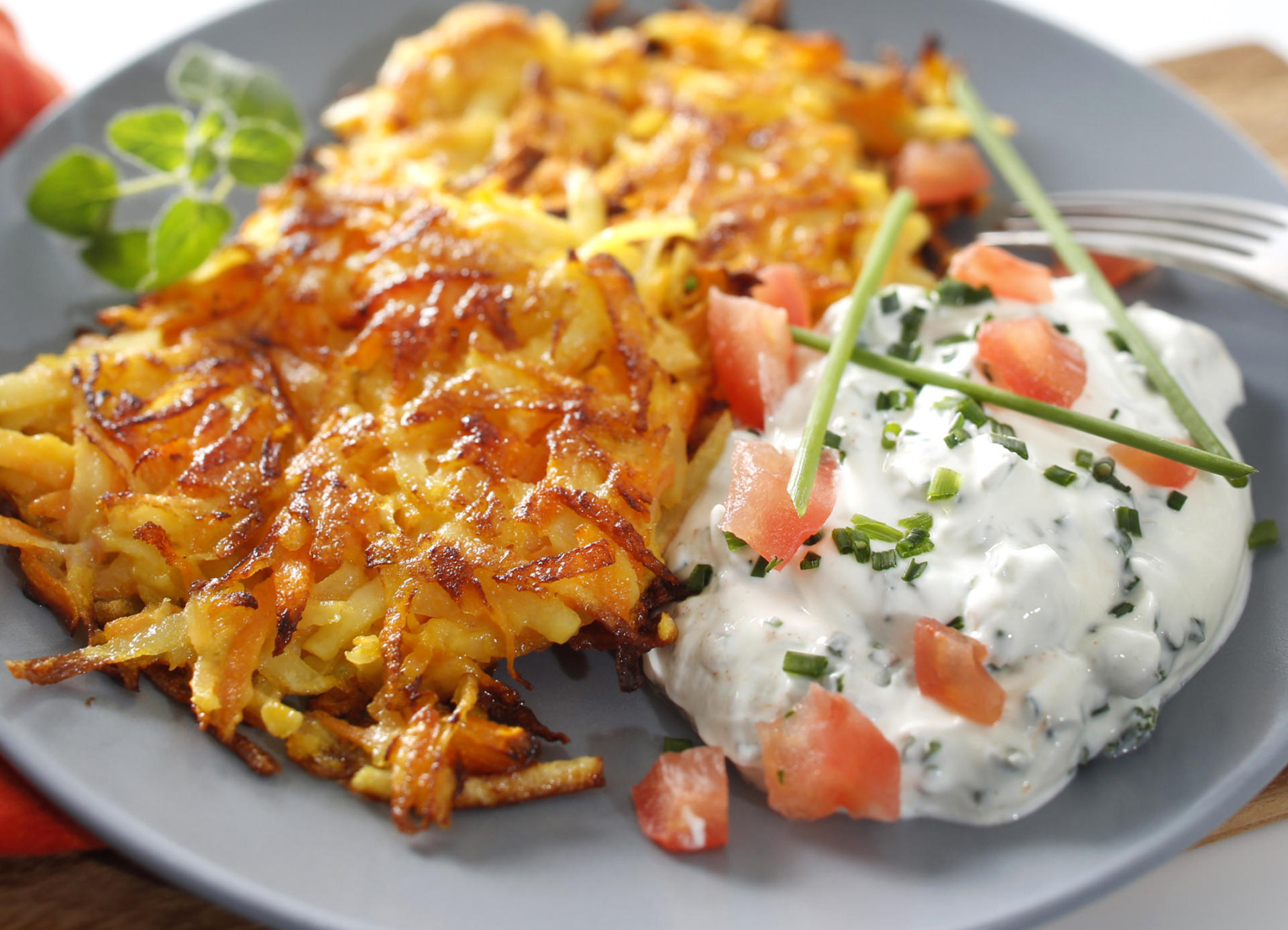 Kartoffel-Möhren-Rösti mit Schnittlauchquark - Landgemachtes