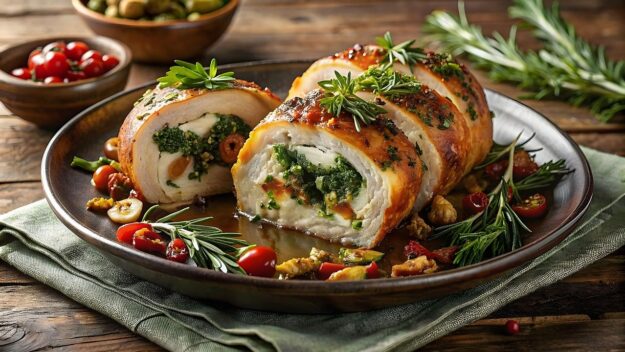 Gefüllte Hähnchenrouladen mit Spinat-Kräuter-Frischkäse und Ofentomaten