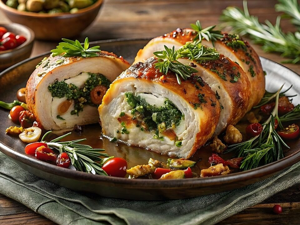 Gefüllte Hähnchenrouladen mit Spinat-Kräuter-Frischkäse und Ofentomaten