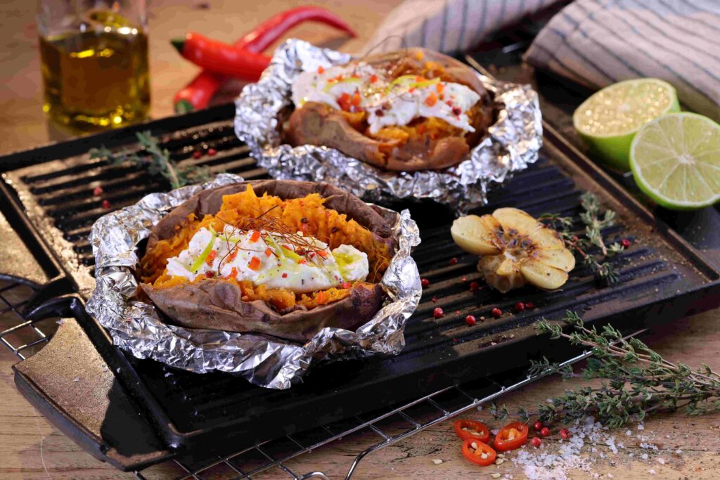 Süßkartoffel vom Grill mit Ricotta-Limettencréme quer
