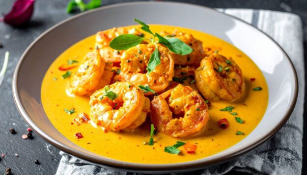 Garnelenpfanne mit feuriger Paprika-Sahne-Sauce